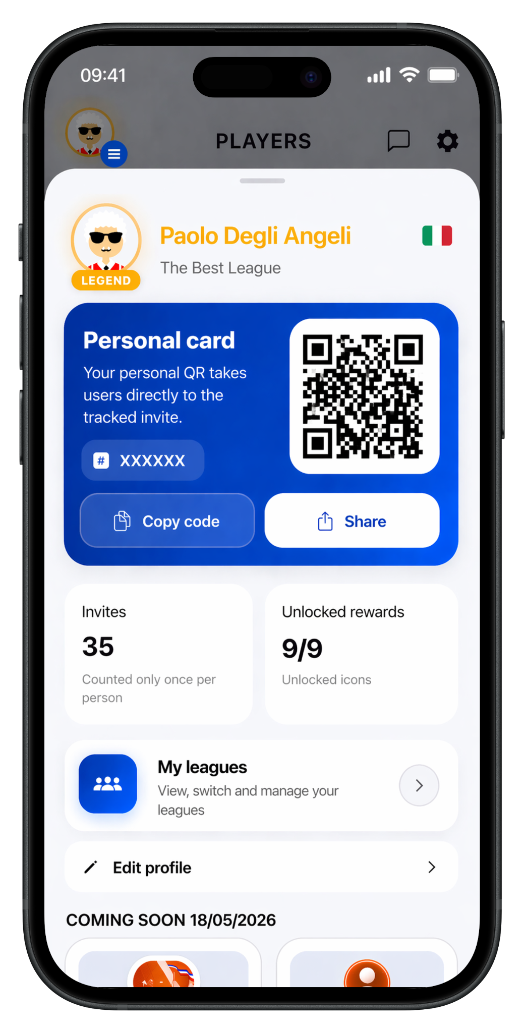 Invite QR and rewards screen